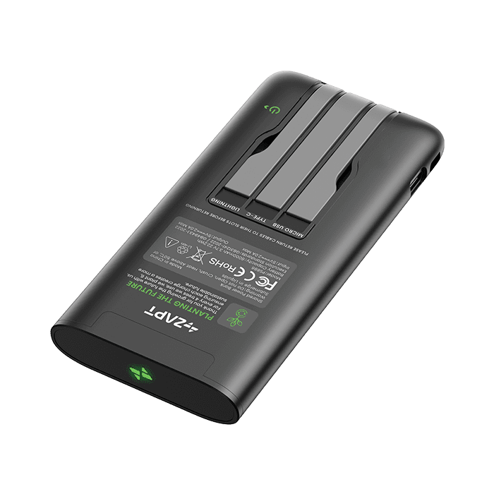 ZAPT rental powerbank angled view showing built-in USB-C Lightning and Micro-USB cables